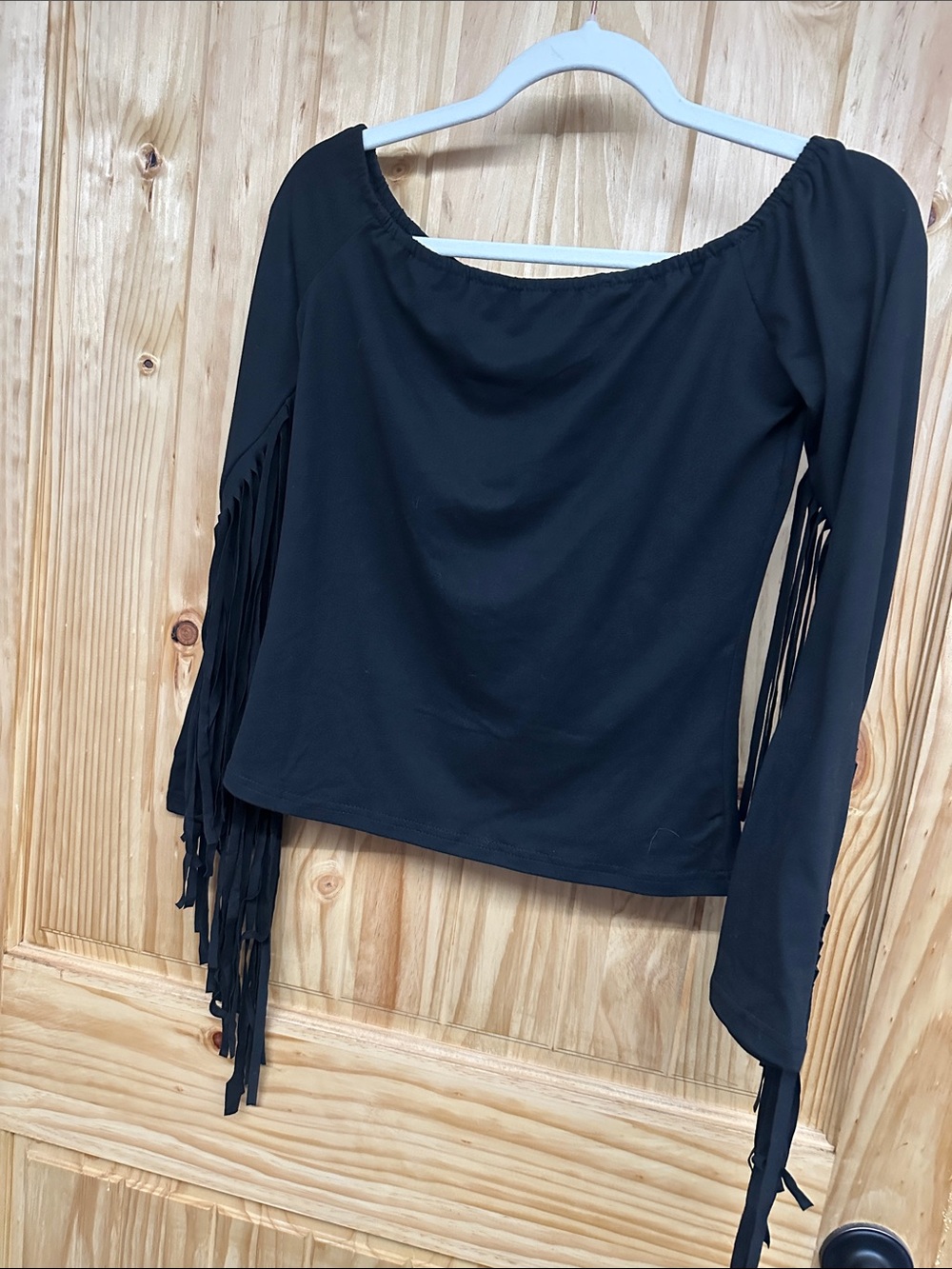 Black Off-Shoulder Fringe Sleeve Women's Top